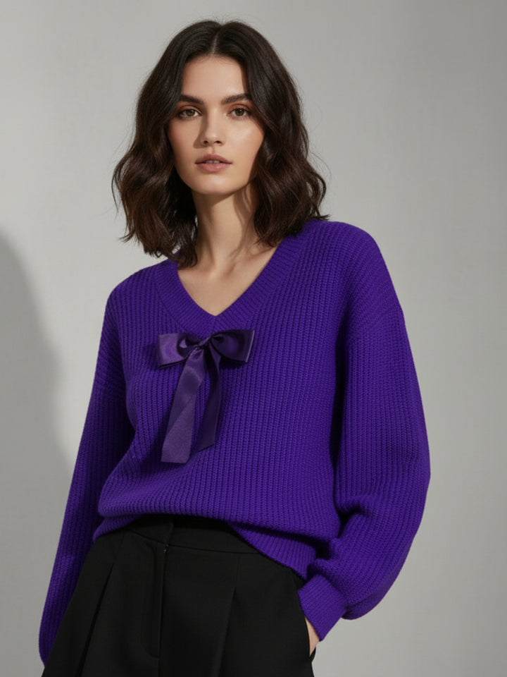 Purple Full Sleeve V Neck Front Bow Sweater