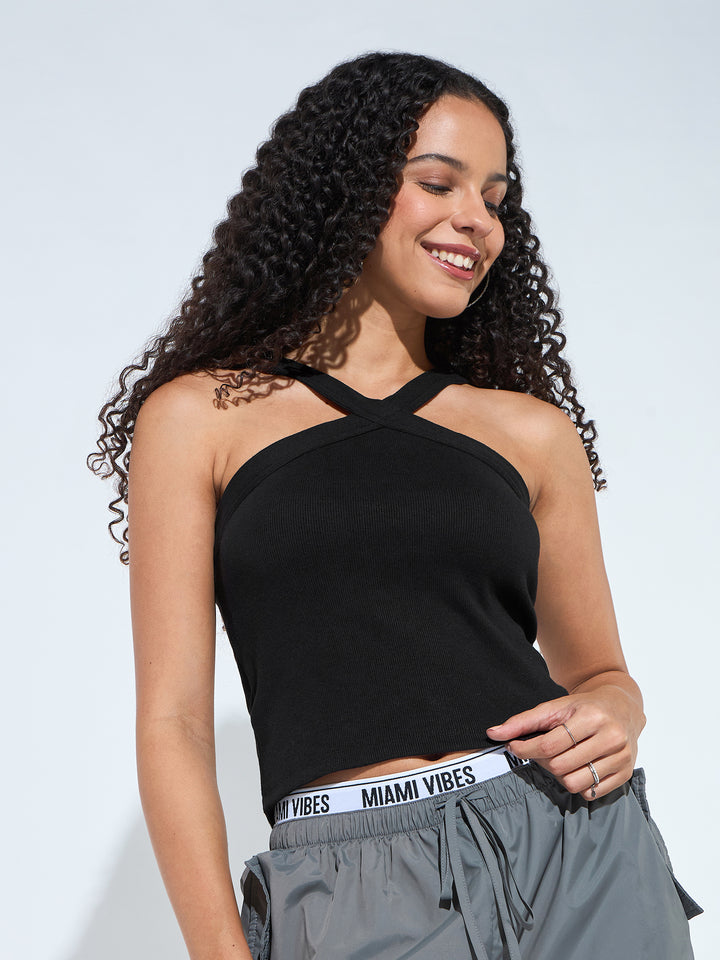 Black Halter Neck Band Tank Top