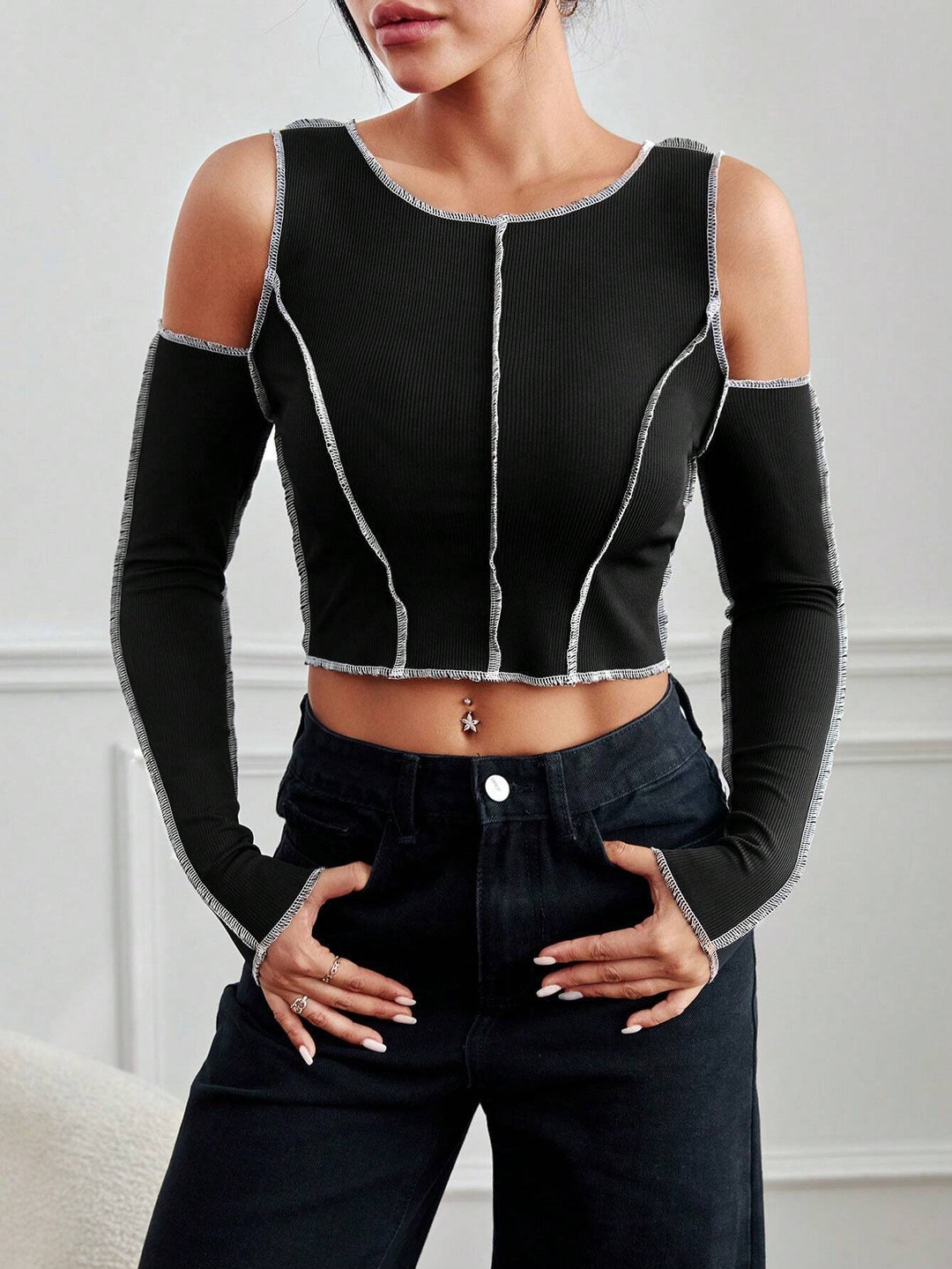 Black Contrast Seam Cold Shoulder Top