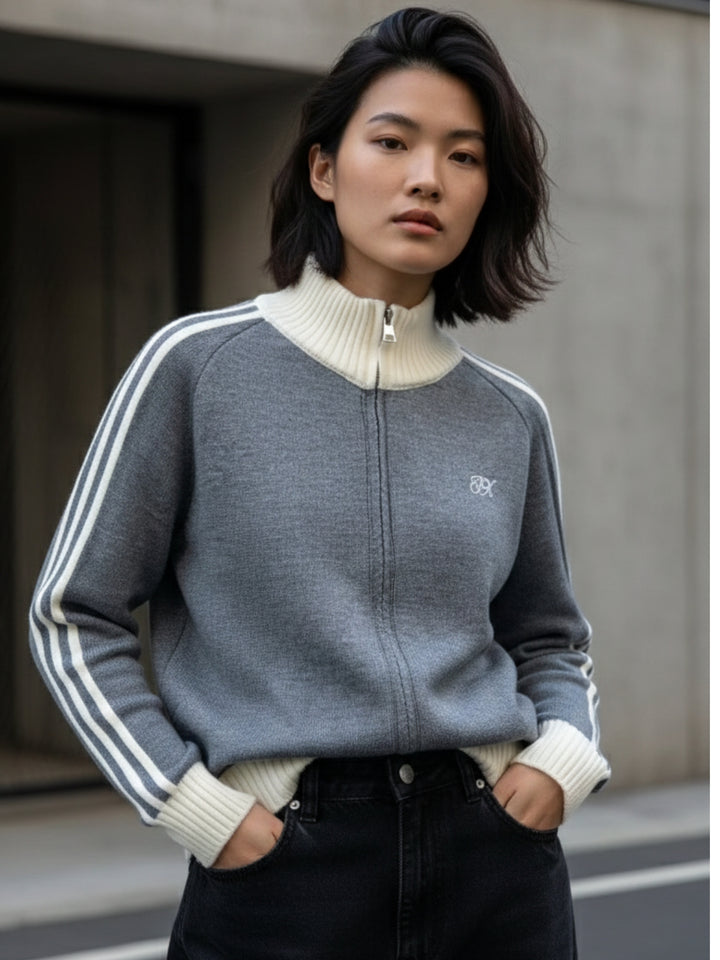 Grey Full Contrast Sleeves Front Zip Jackets