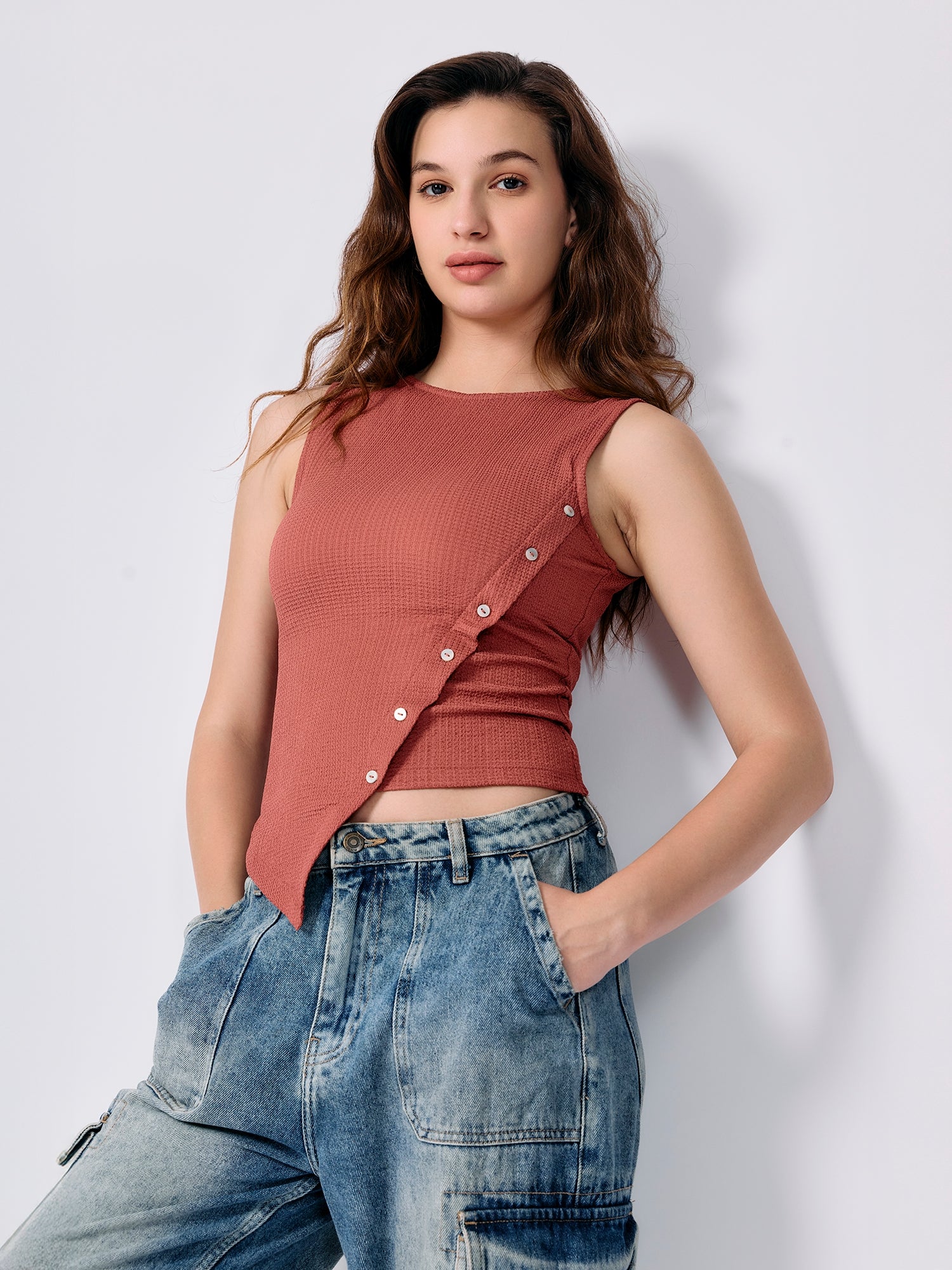 Coral Textured Assymetric Hem Tank