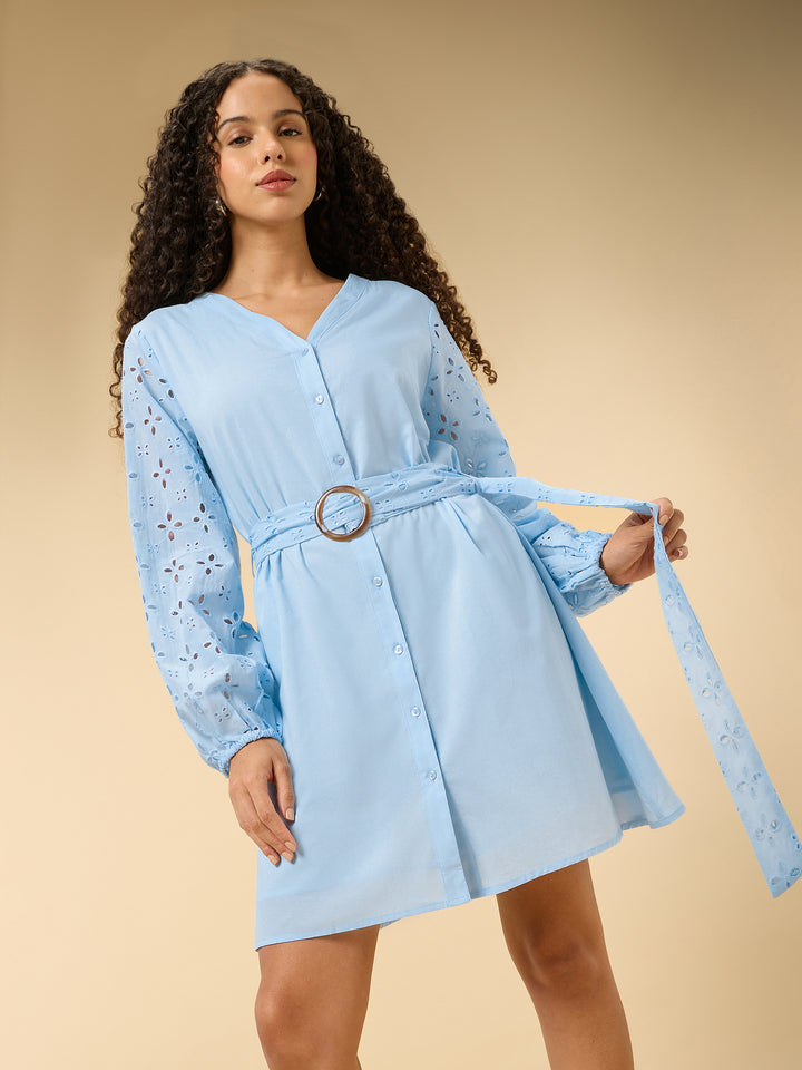 Blue Schifley Short Dress With Belt