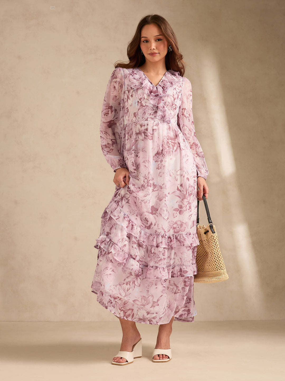 Pink Maxi Length V Length Printed Dress With Tiers