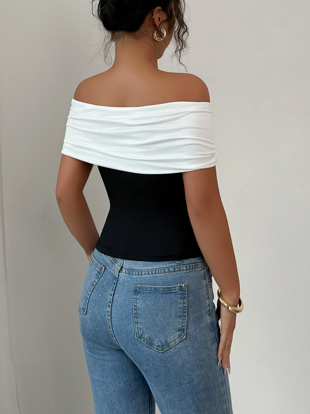 White Off-Shoulder Colour Block Top