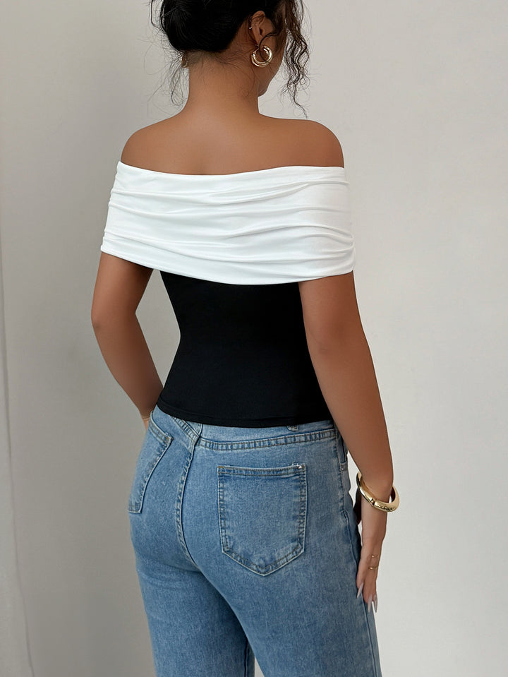 White Off-Shoulder Colour Block Top