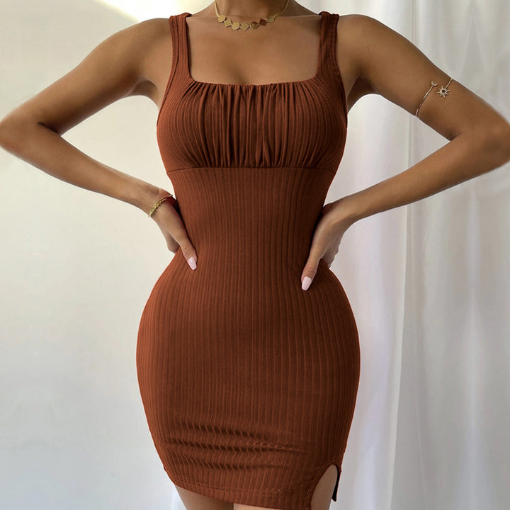Rust Ribbed Bust Detailing Bodycon Dress