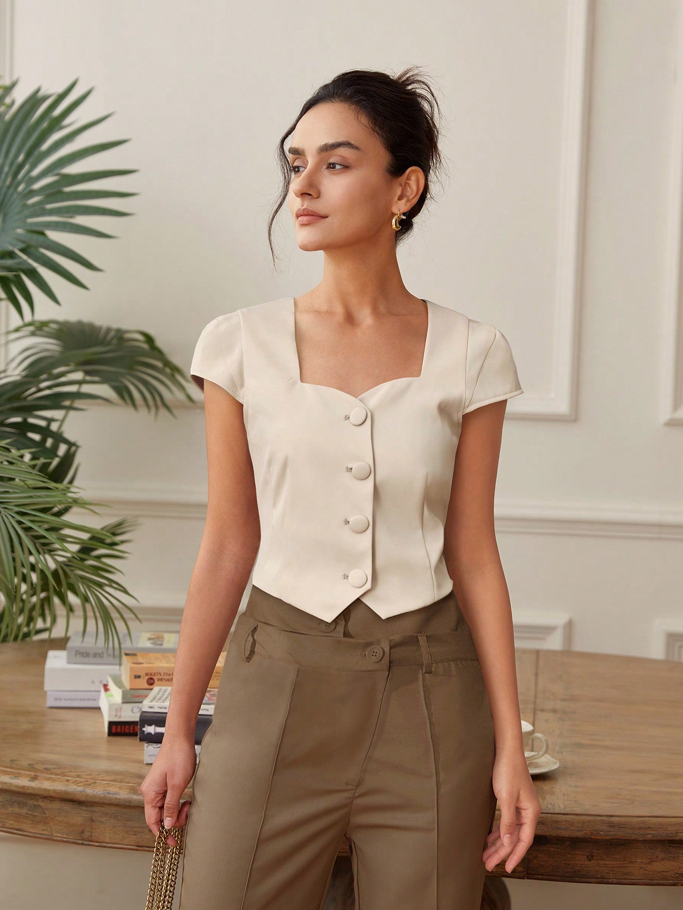 Cream Front Button  Top