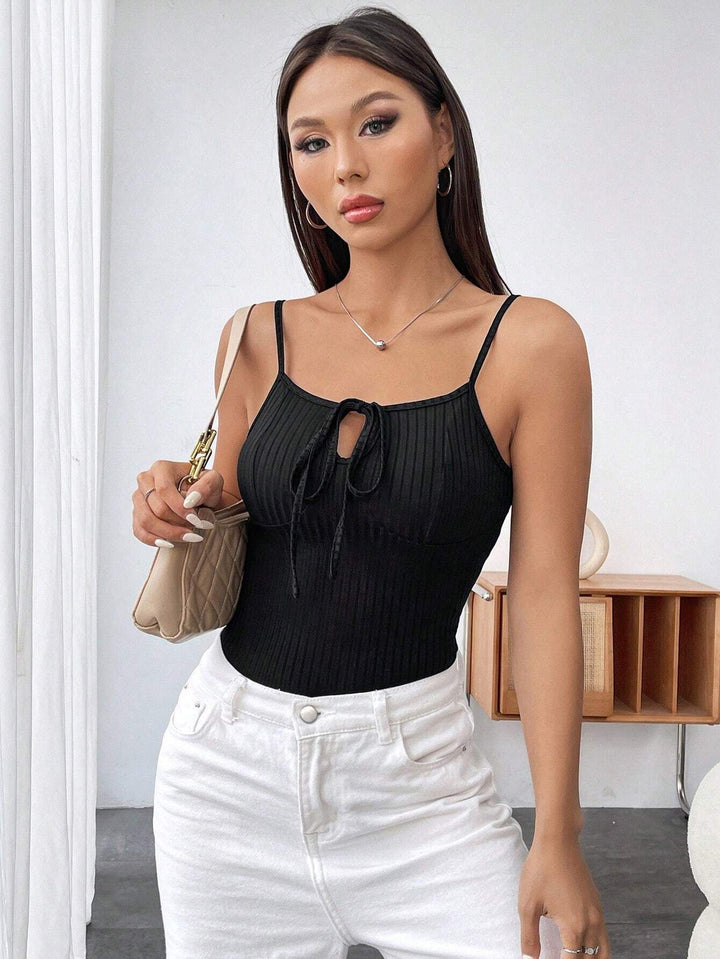 Black Strappy Front Tie Up Bodysuit