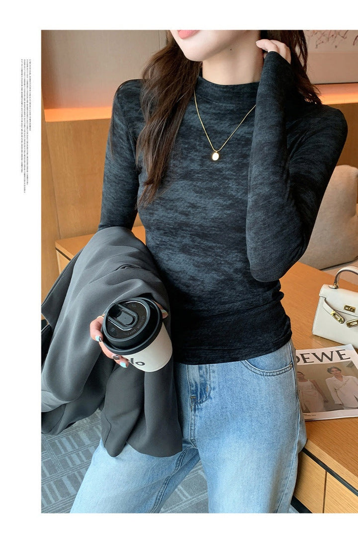 Black Full Sleeve Crew Neck Abstract Printed Fitted Top