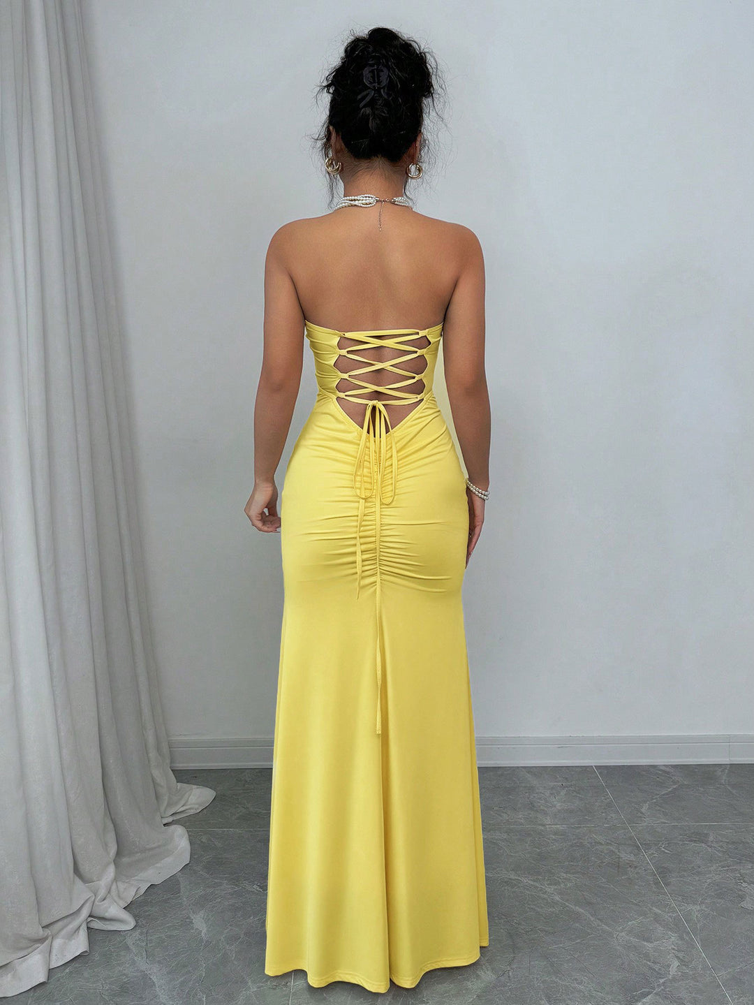 Yellow Strapless Back Criss Cross Tie-Up Dress