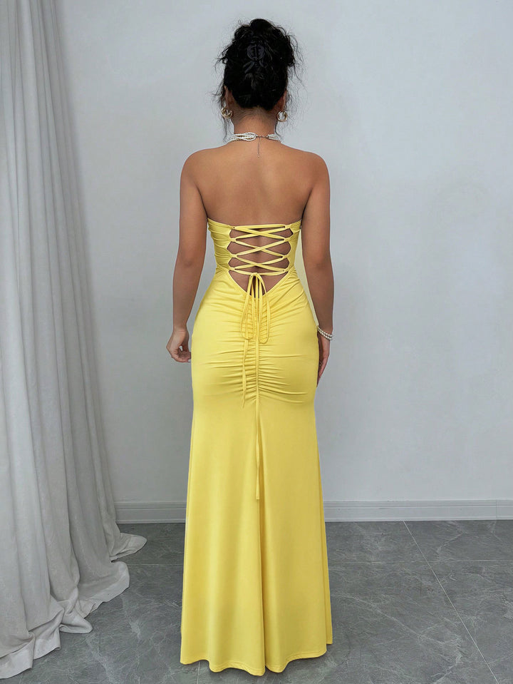 Yellow Strapless Back Criss Cross Tie-Up Dress