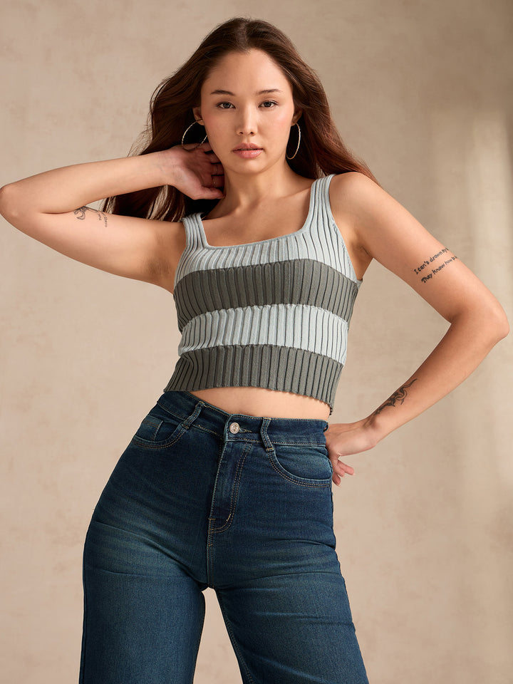 Grey Square Neck Flat Knit Tank