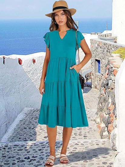 Teal High V Neck Tiered Dress With Pockets