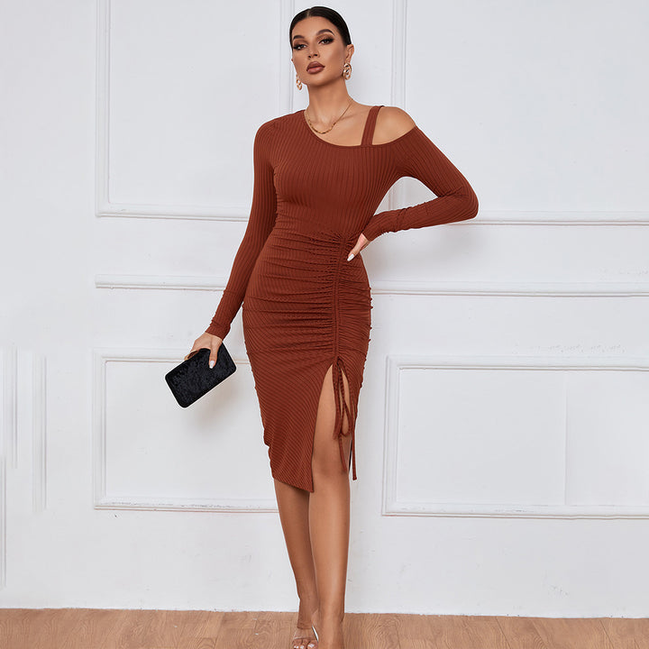 Brown Full Sleeve Cold Shoulder Front Ruched Dress