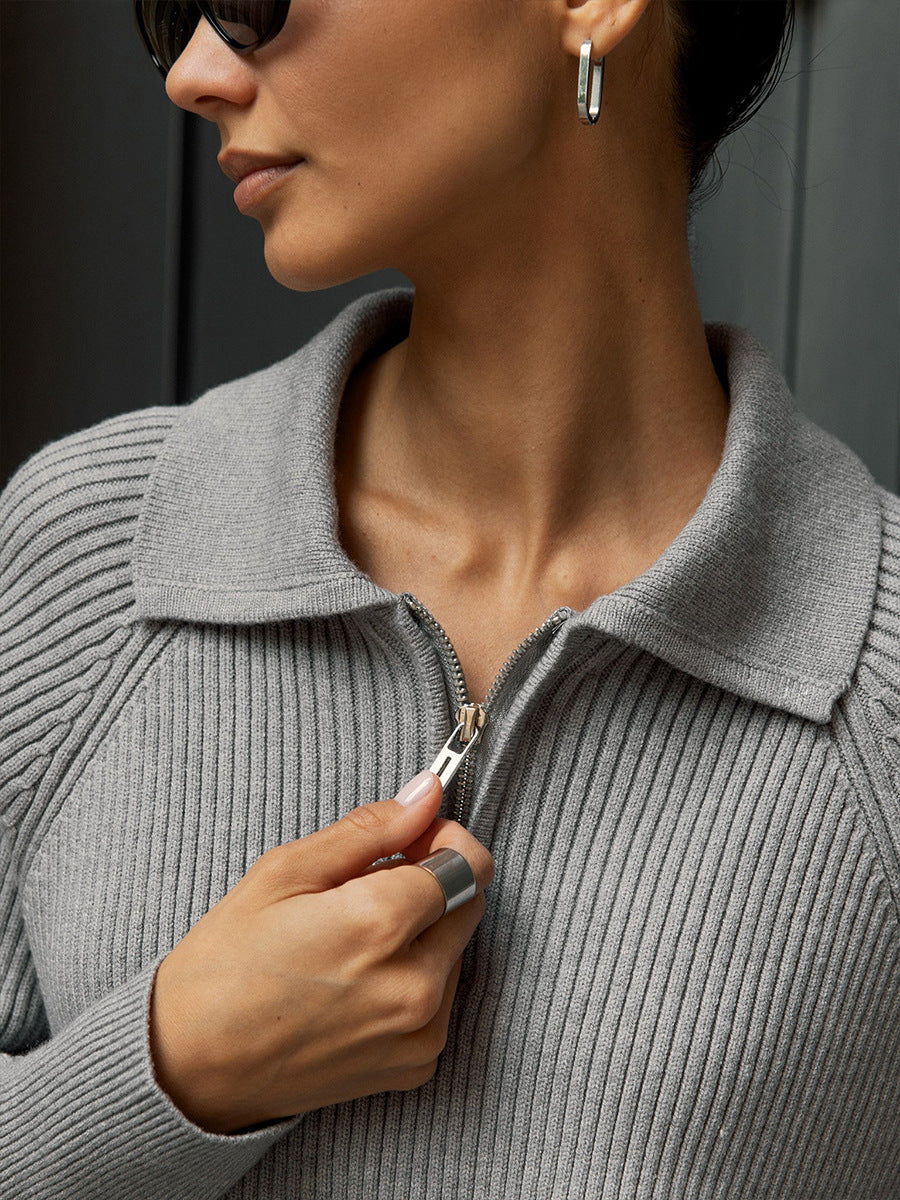 Grey Collared Zip Up Sweater