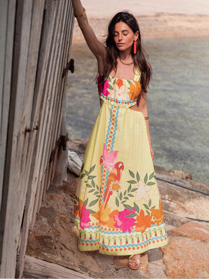 Yellow Shoulder Strap Waist Cut-Out Printed Dress
