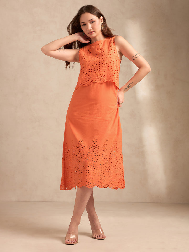 Orange Sleeveless Schiffli Maxi Dress