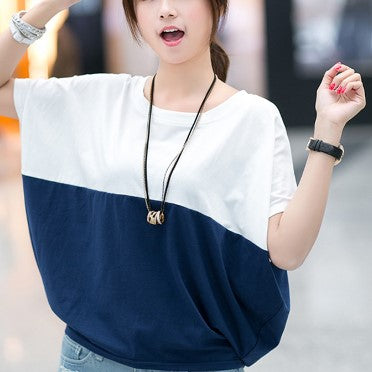 Navy Blue Colour Block Elasticated Hem T-Shirt