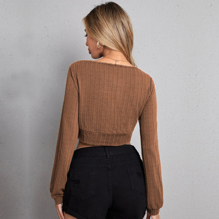 Brown Full Sleeved V-Neck Top