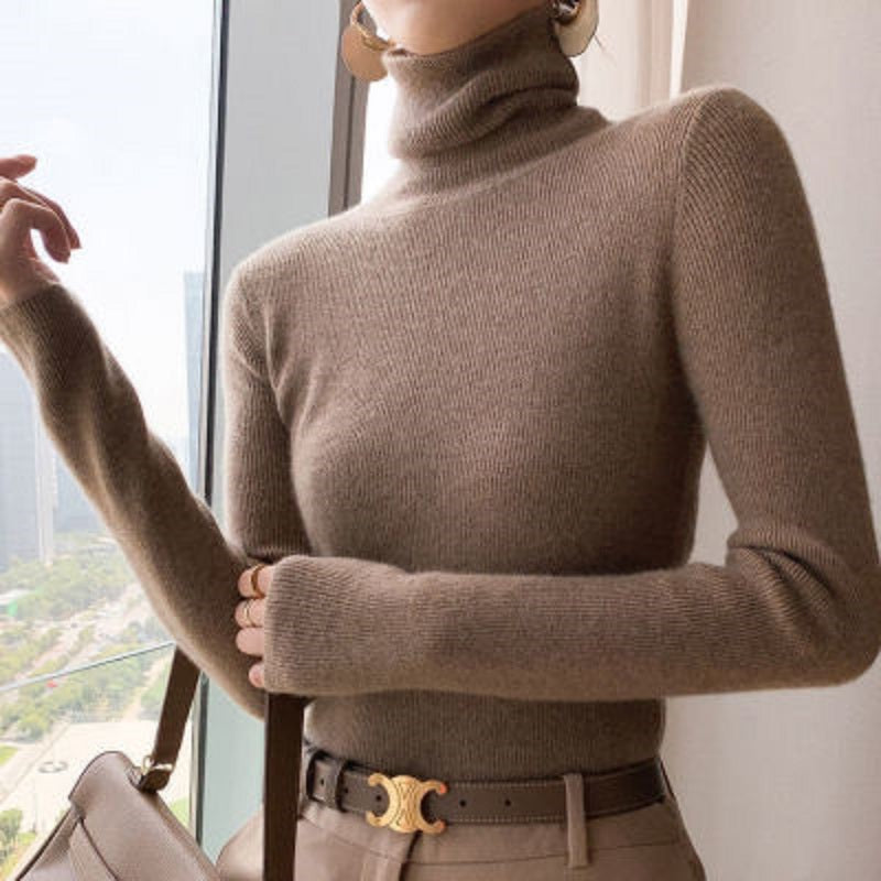 Brown Turtle Neck Flat Knit Top