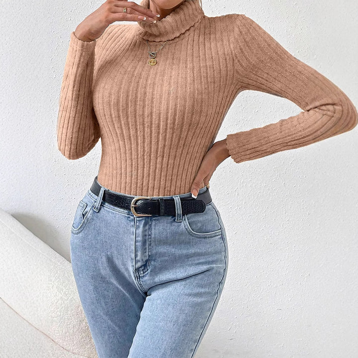 Brown High Neck Ribbed Bodysuit
