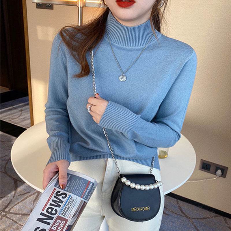 Blue Full Sleeve Mock Neck Fitted Sweater