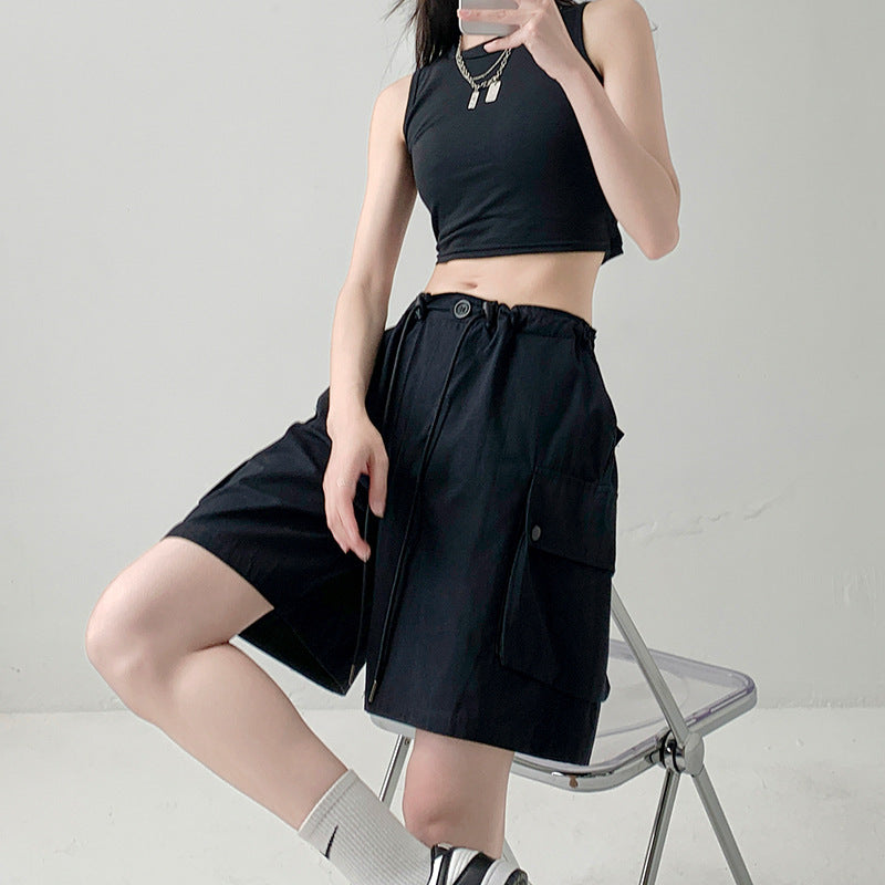 Black Relaxed Fit Drawstring Cargo Shorts