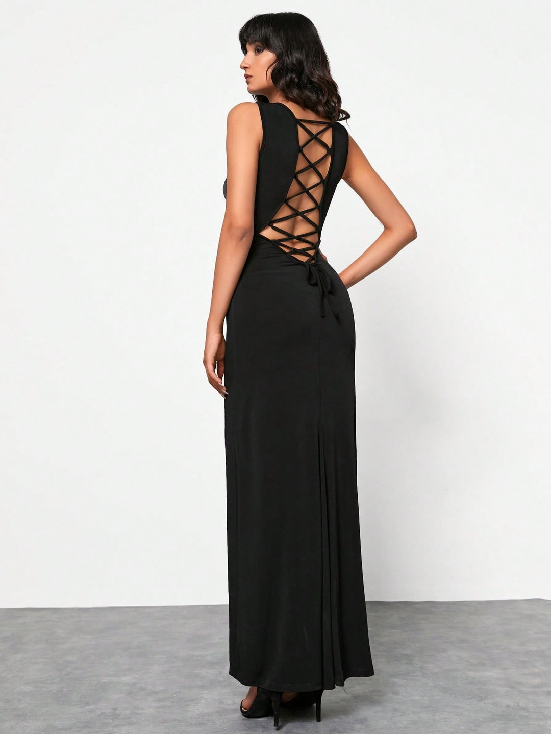 Black Cross Halter Neck Back Tie-Up Dress