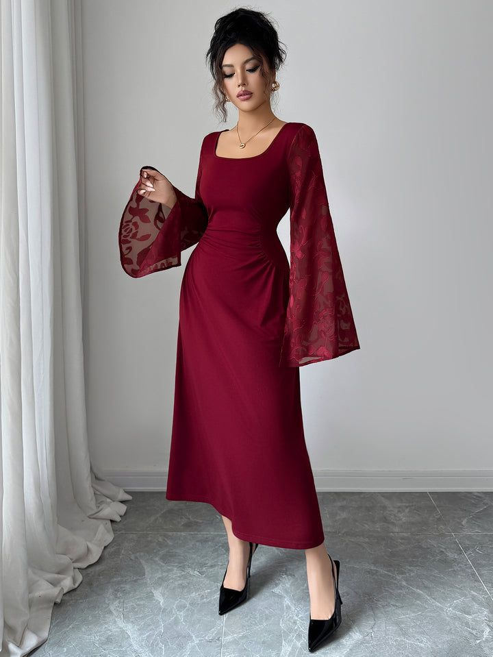 Maroon Bell Sleeve Scoop Neck Lace Detail Dress