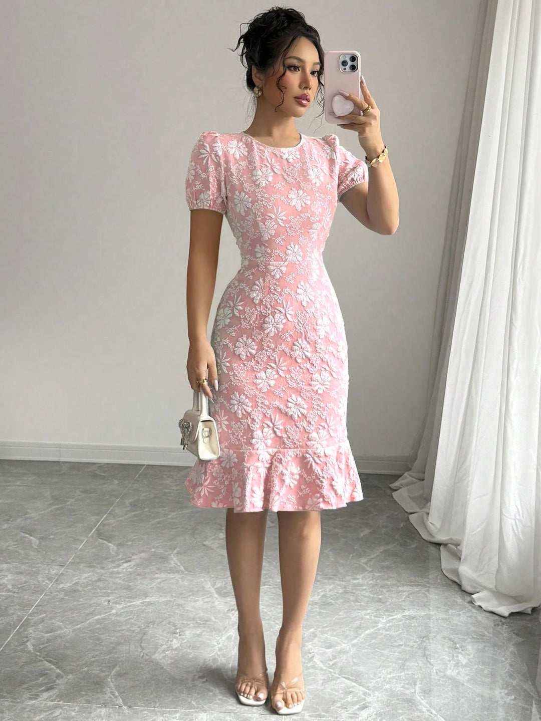 Pink Short Sleeve Ruffle Hem Dress