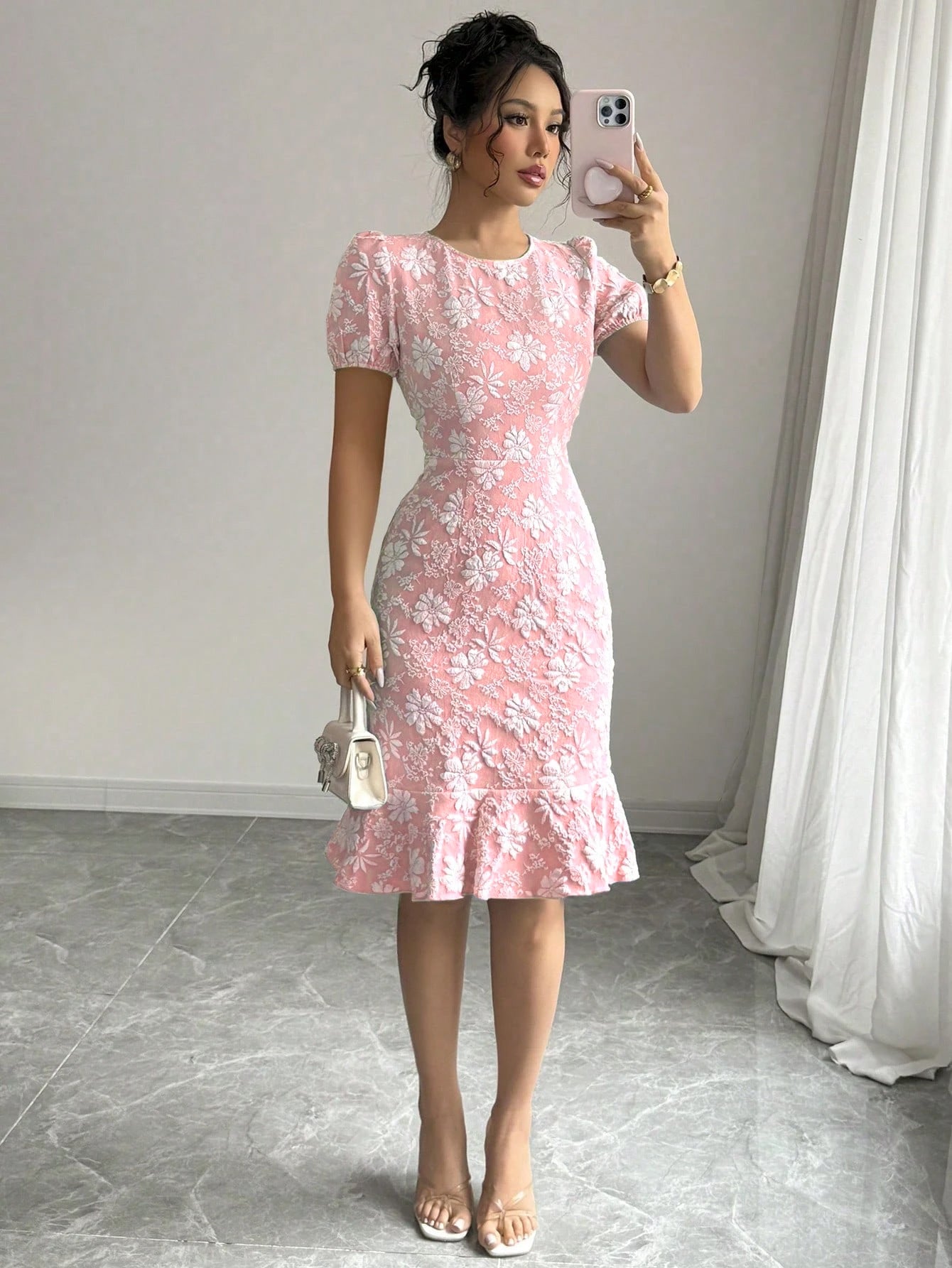 Pink Short Sleeve Ruffle Hem Dress