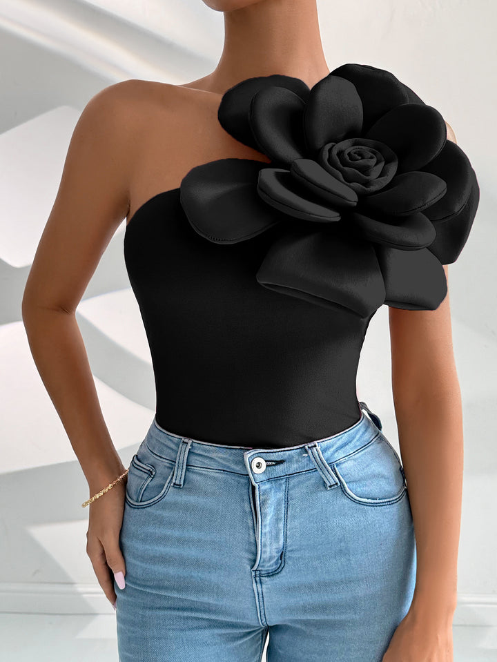 Black One Shoulder Flower Attached Top