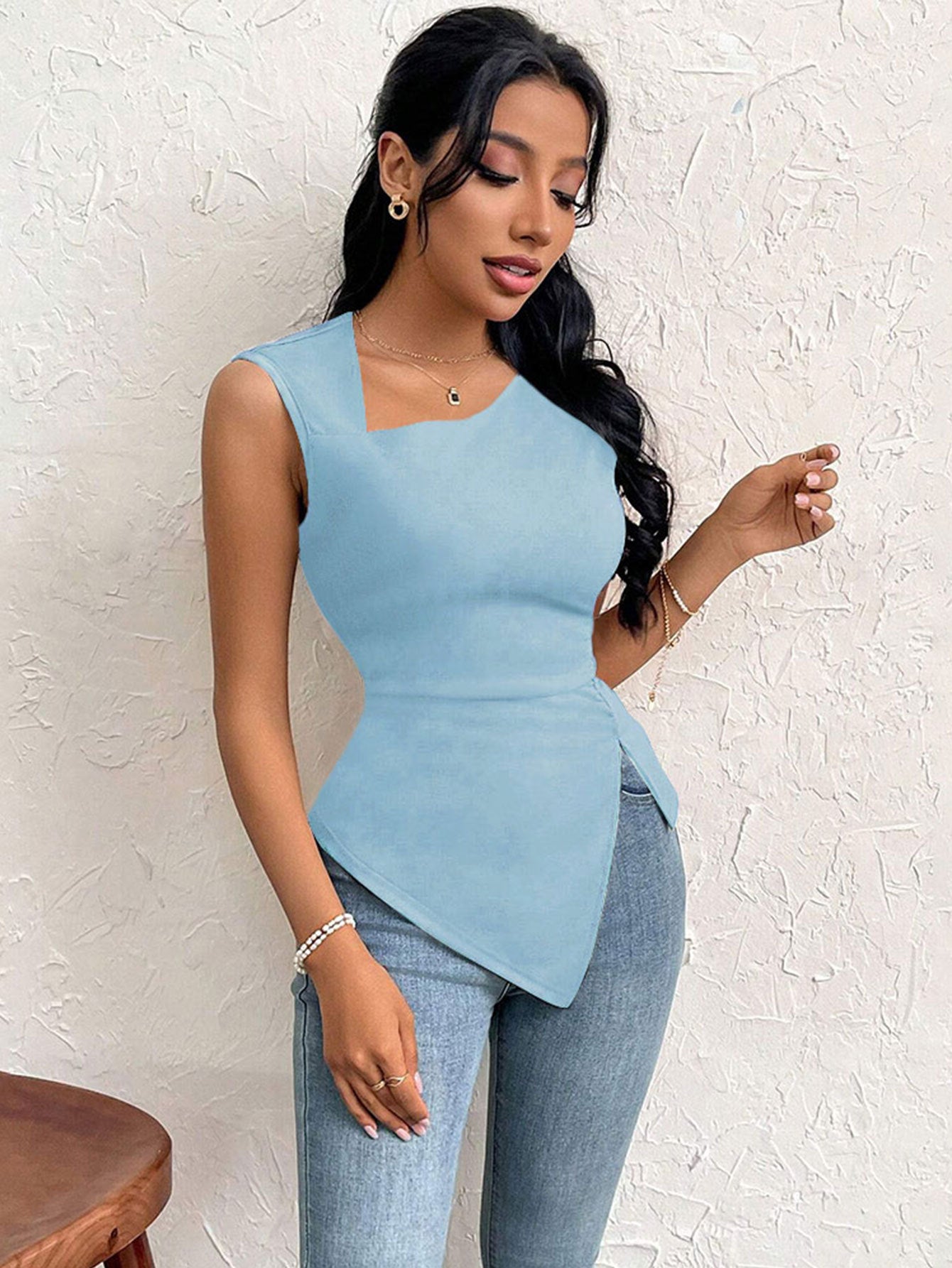 Light Blue Sleeveless Asymmetrical Hem Top
