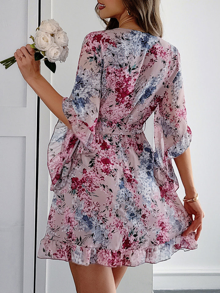 Pink V-Neck Bell Sleeves Mini Dress