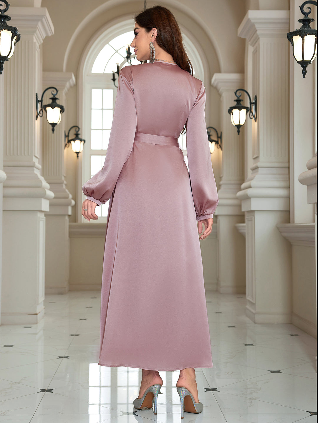 Pink Wrap Neck Evening Dress