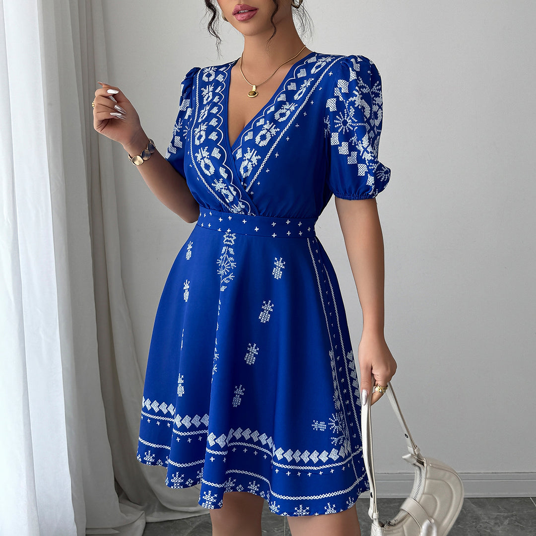 White Printed V-Neck Dress