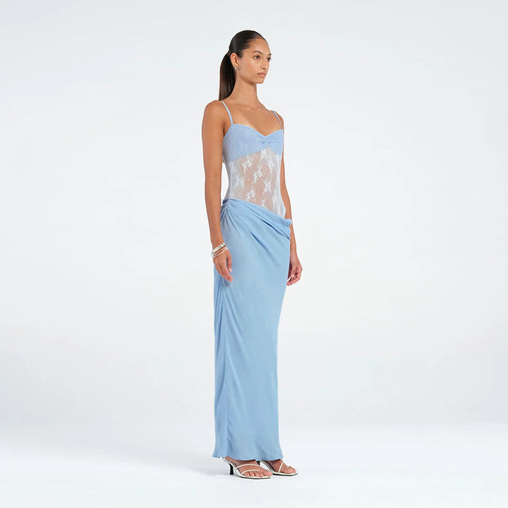 Blue Lace Insert At Waist Maxi Dress