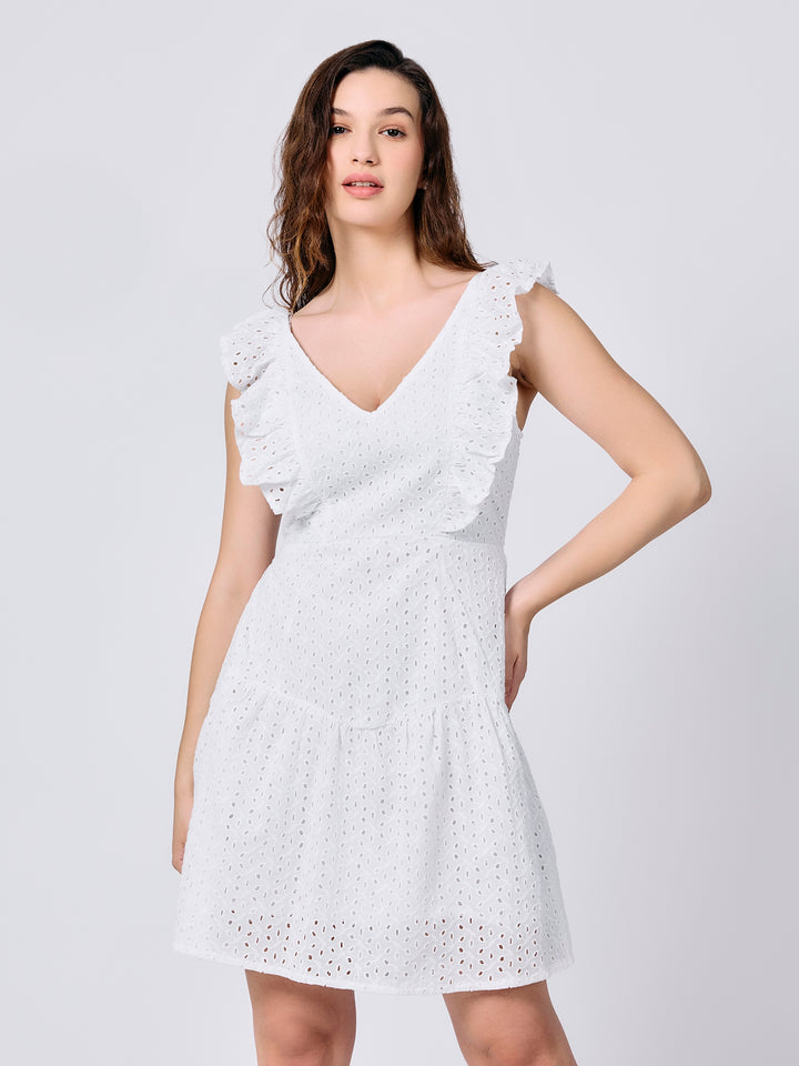 White Ruffle Sleeved Mini Dress