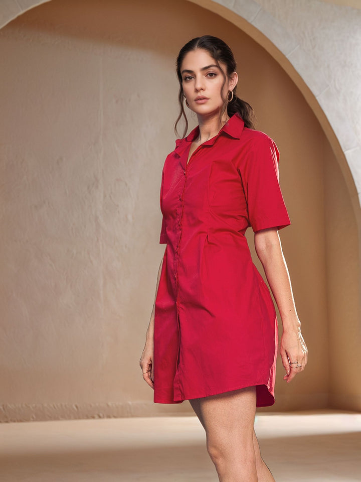 Red Short Sleeve Collared Front Buttoned Dress