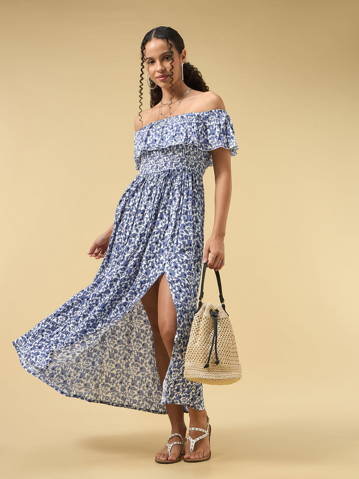 Blue Off Shoulder High Slit Dress