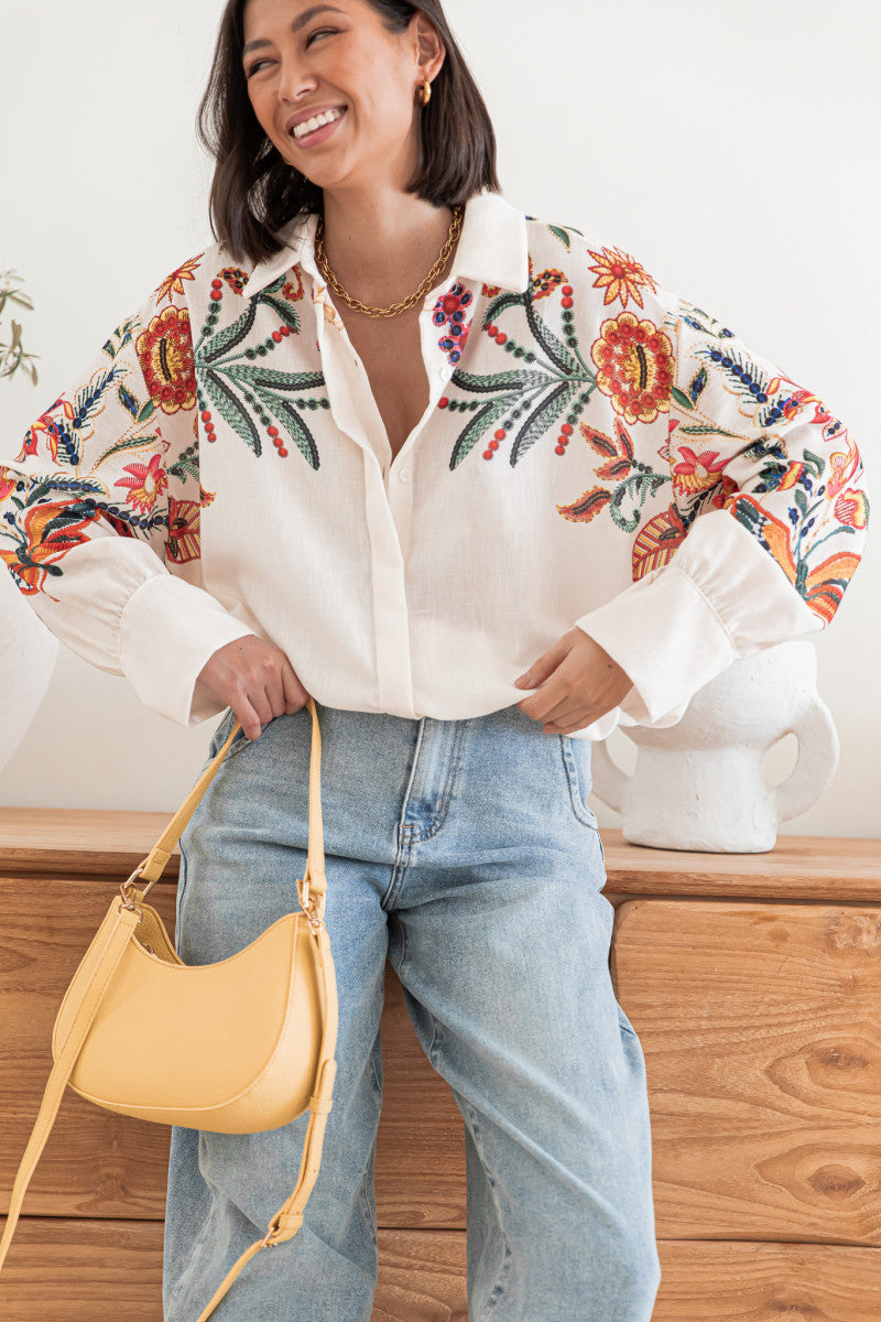 White Full Sleeve Embroidered Collared Top