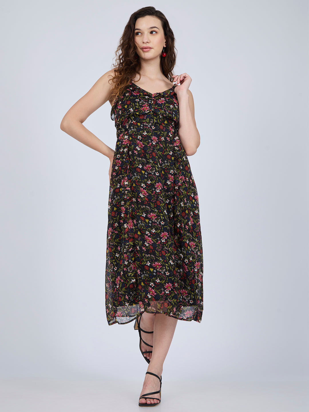 Multi Printed Ruffle Midi Dress