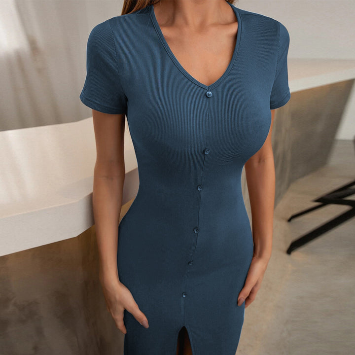 Blue Short Sleeve Front Slit Dress