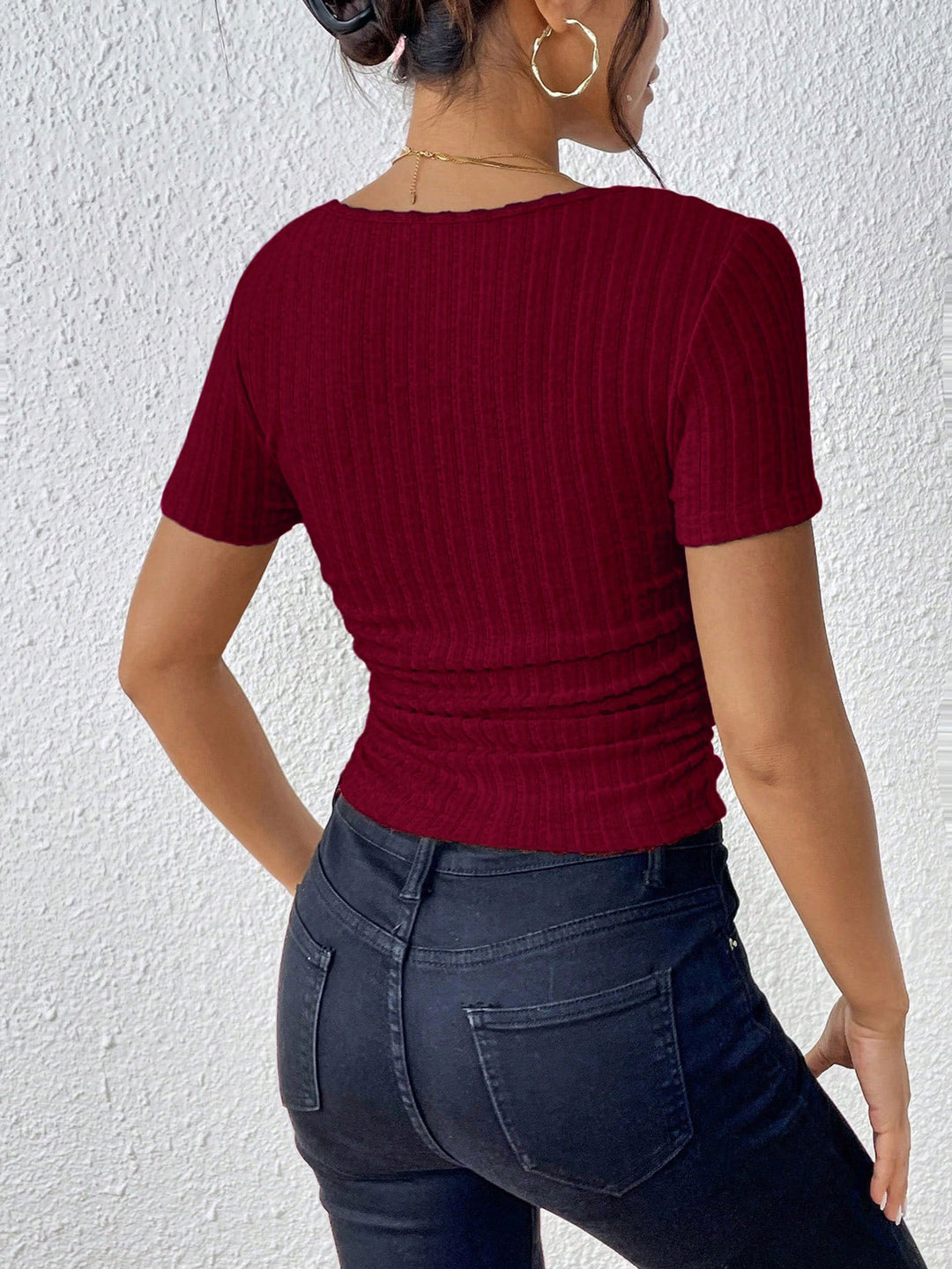 Wine Textured Knit Short Sleeve Top