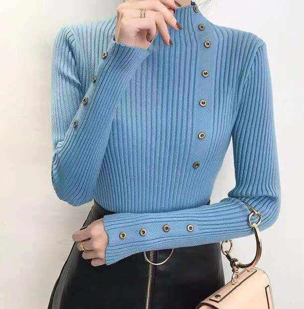 Blue Full Sleeve Button Trim Fitted Sweaters