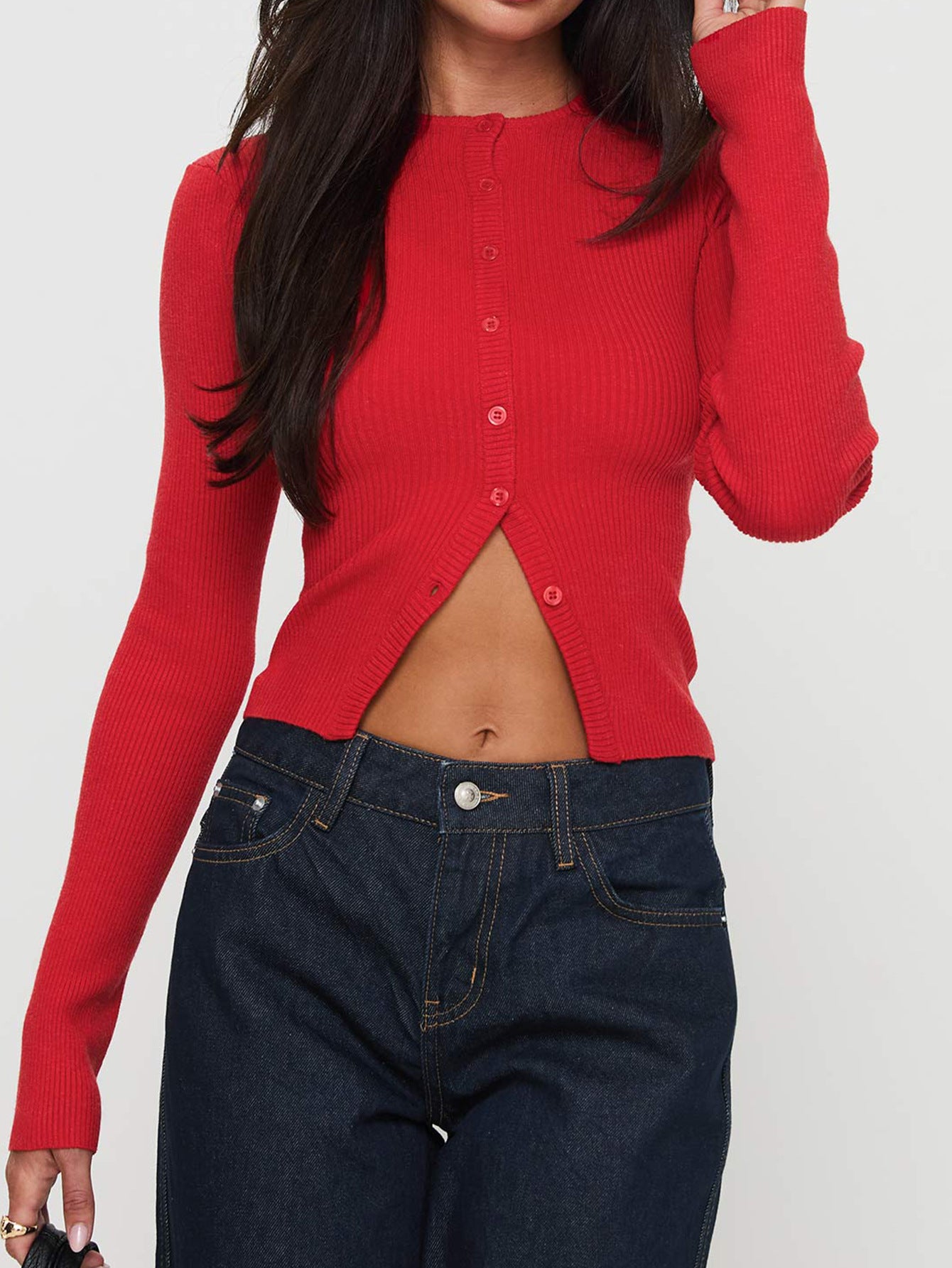 Red Button Down Cardigan With V Notch