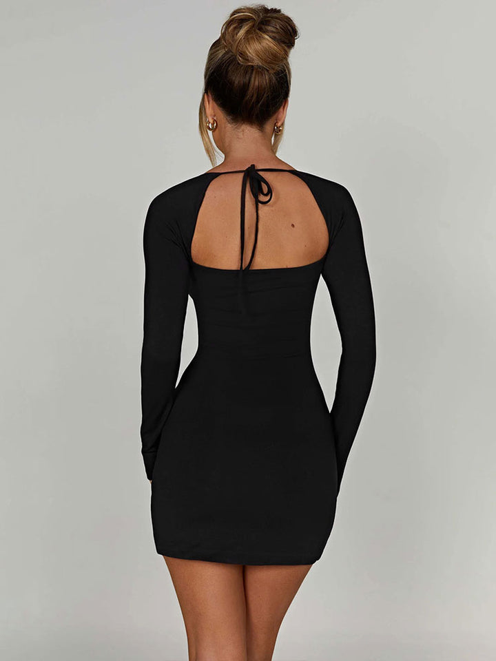 Black Sqaure Neck Full Sleeves Mini Dress