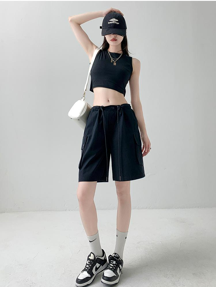 Black Relaxed Fit Drawstring Cargo Shorts