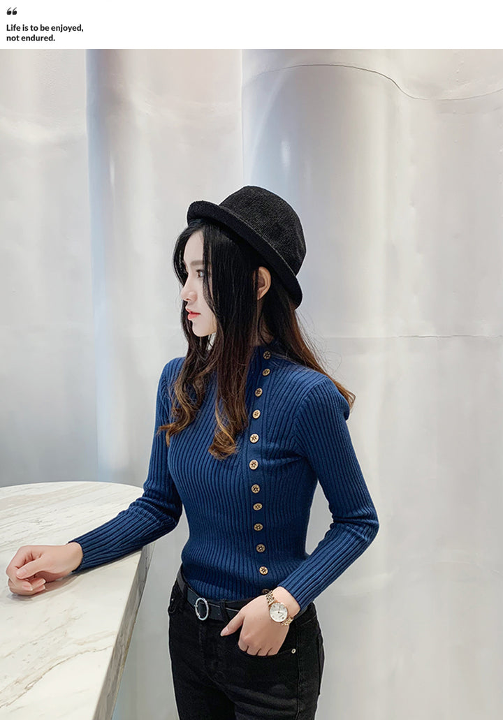 Blue Full Sleeve Button Trim Fitted Sweaters