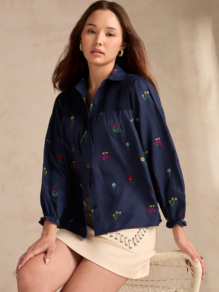 Navy Blue All-over Embroidered Blouse With Smocked Yoke Detail